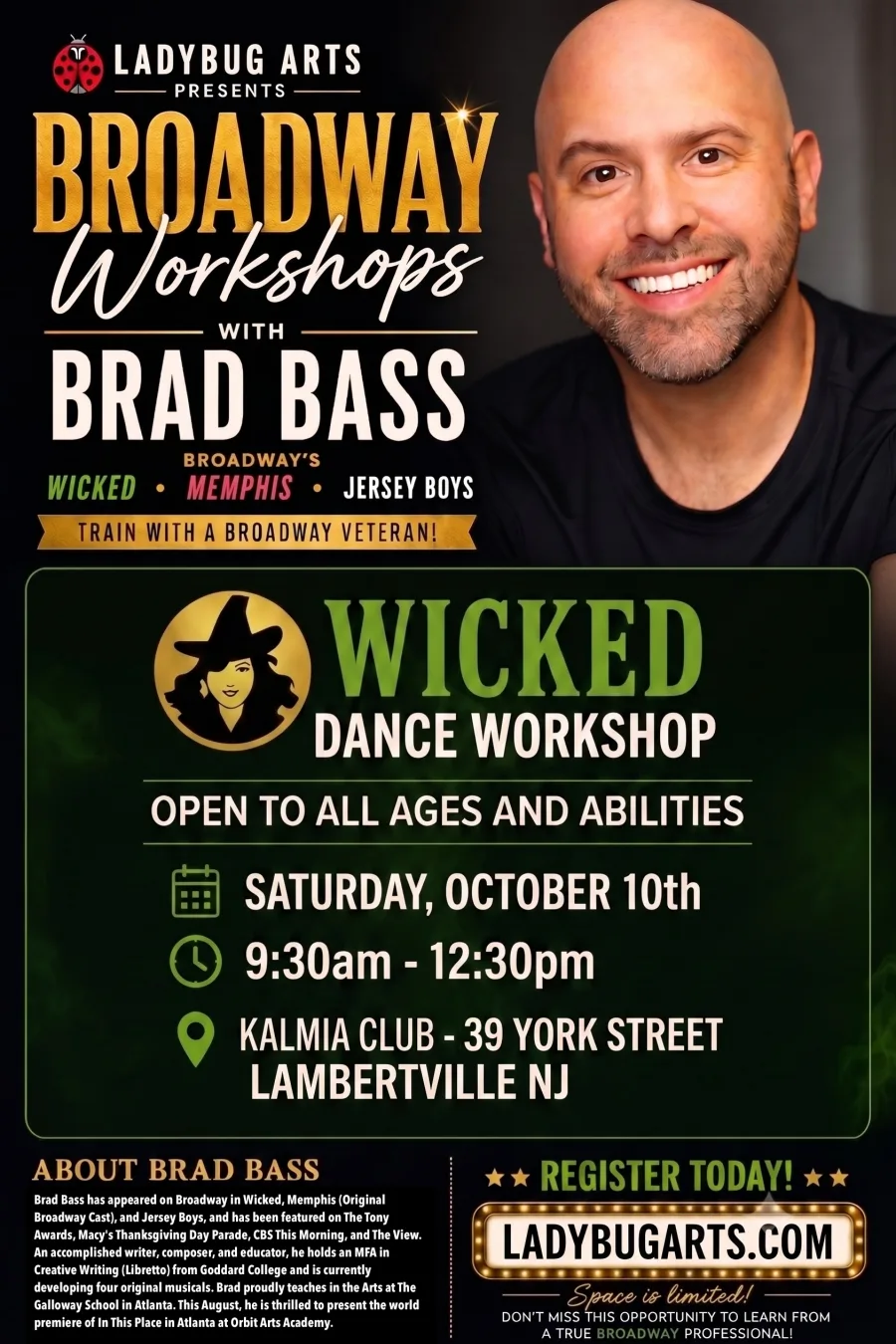 Wicked Dance Workshop with Brad Bass at Ladybug Arts — flyer for the October 10 workshop at Kalmia Club in Lambertville